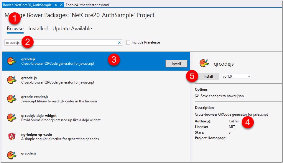 Bower Package Manager in Visual Studio showing qrcodejs package