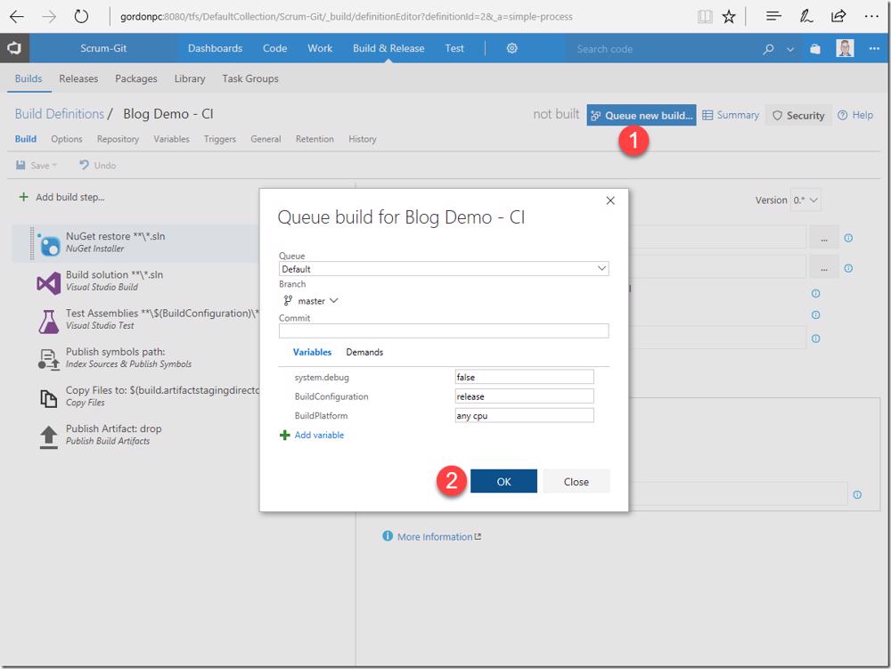VSTS/TFS: Queuing a new build from the build definition page.