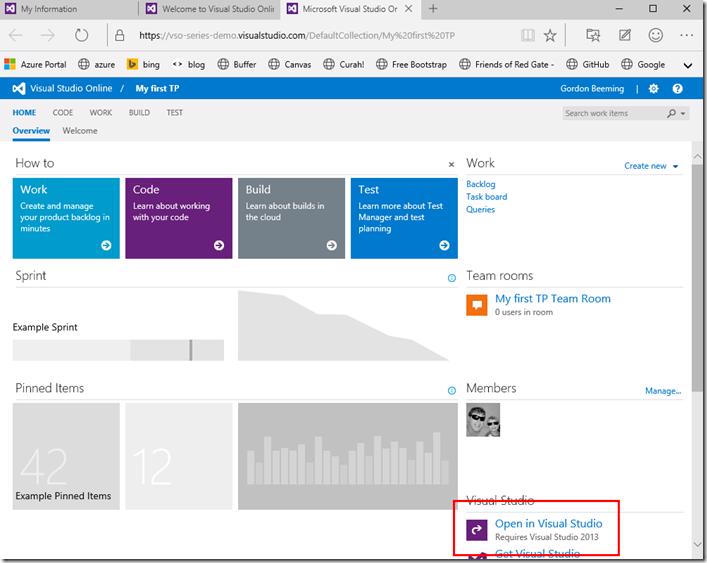 VSTS project page with Open in Visual Studio button highlighted