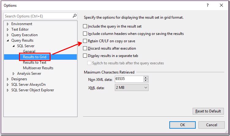 SSMS Options dialog showing Results to Grid settings