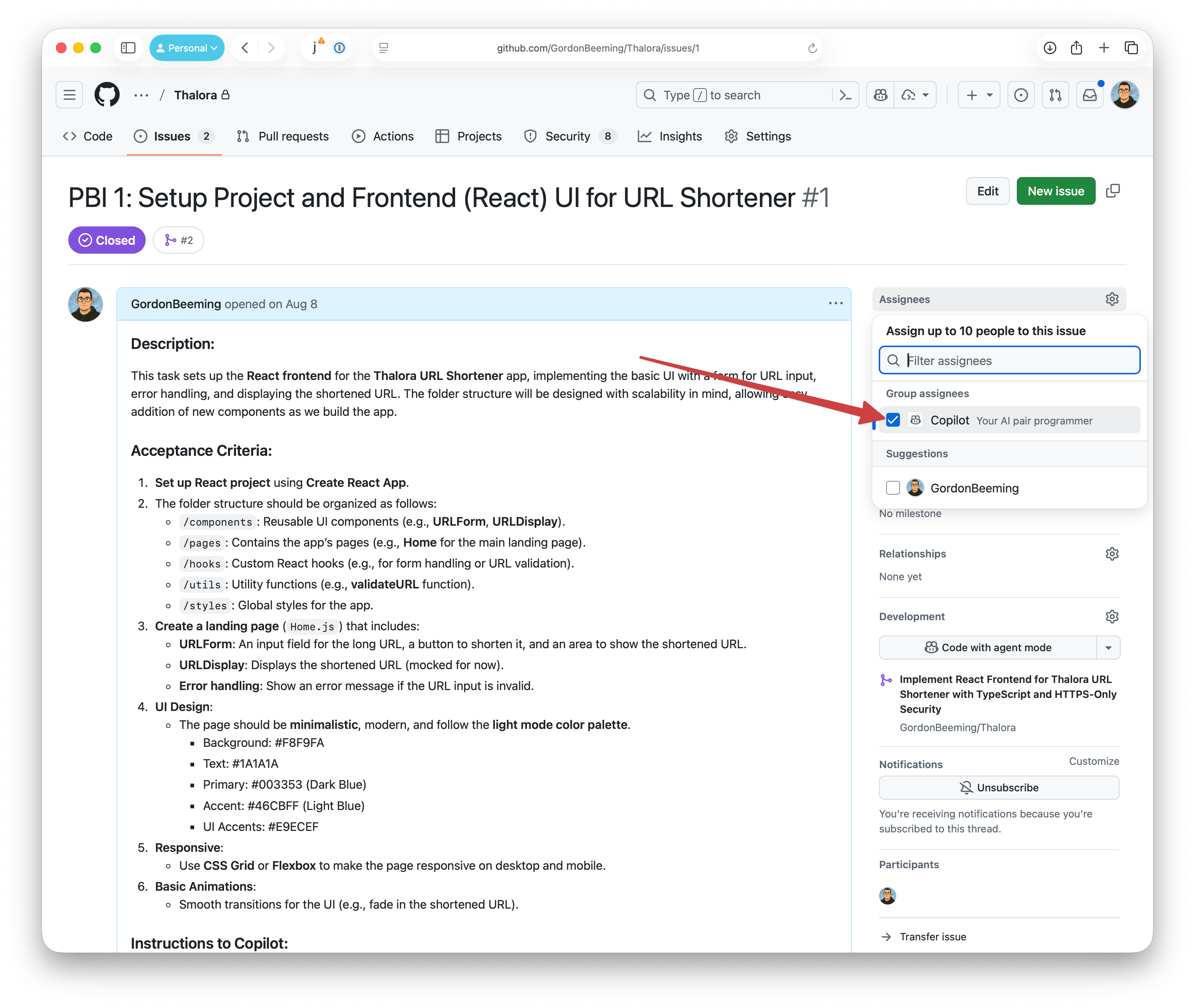 A screenshot of a GitHub Issue with a comment assigning the task to the @github-copilot user.