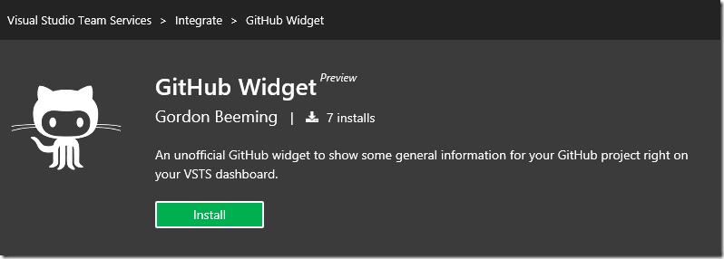 Install button for GitHub Widget in Visual Studio Marketplace