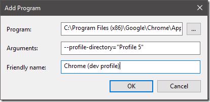 Visual Studio Add Program dialog for Chrome profile