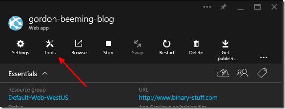 Azure portal with Tools highlighted for a website