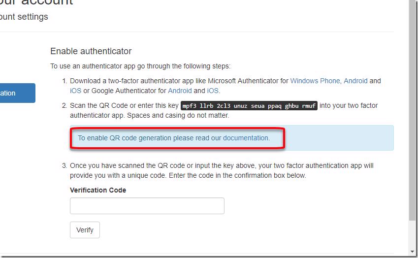 Enable authenticator page showing manual entry code and QR code setup instructions