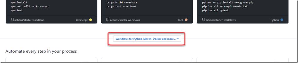 GitHub Actions workflow templates with 'more' option highlighted