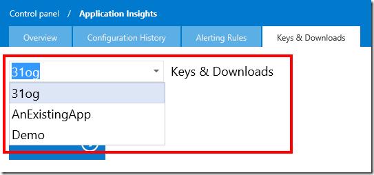 VSO Application Insights Keys & Downloads page