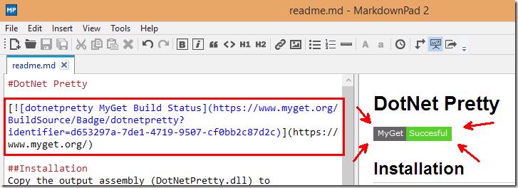 MarkdownPad editor showing readme.md with MyGet build status badge