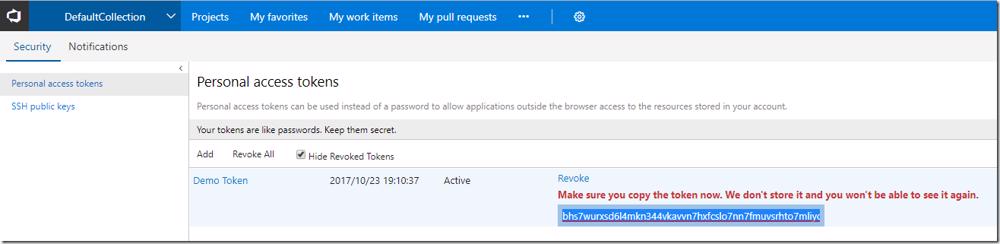 VSTS Personal Access Token created