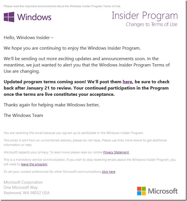 Email screenshot announcing changes to Windows Insider Program Terms of Use