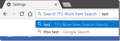 Chrome address bar with tfsw keyword for TFS Work Item Search