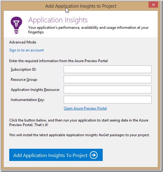 Visual Studio - Advanced settings for Application Insights