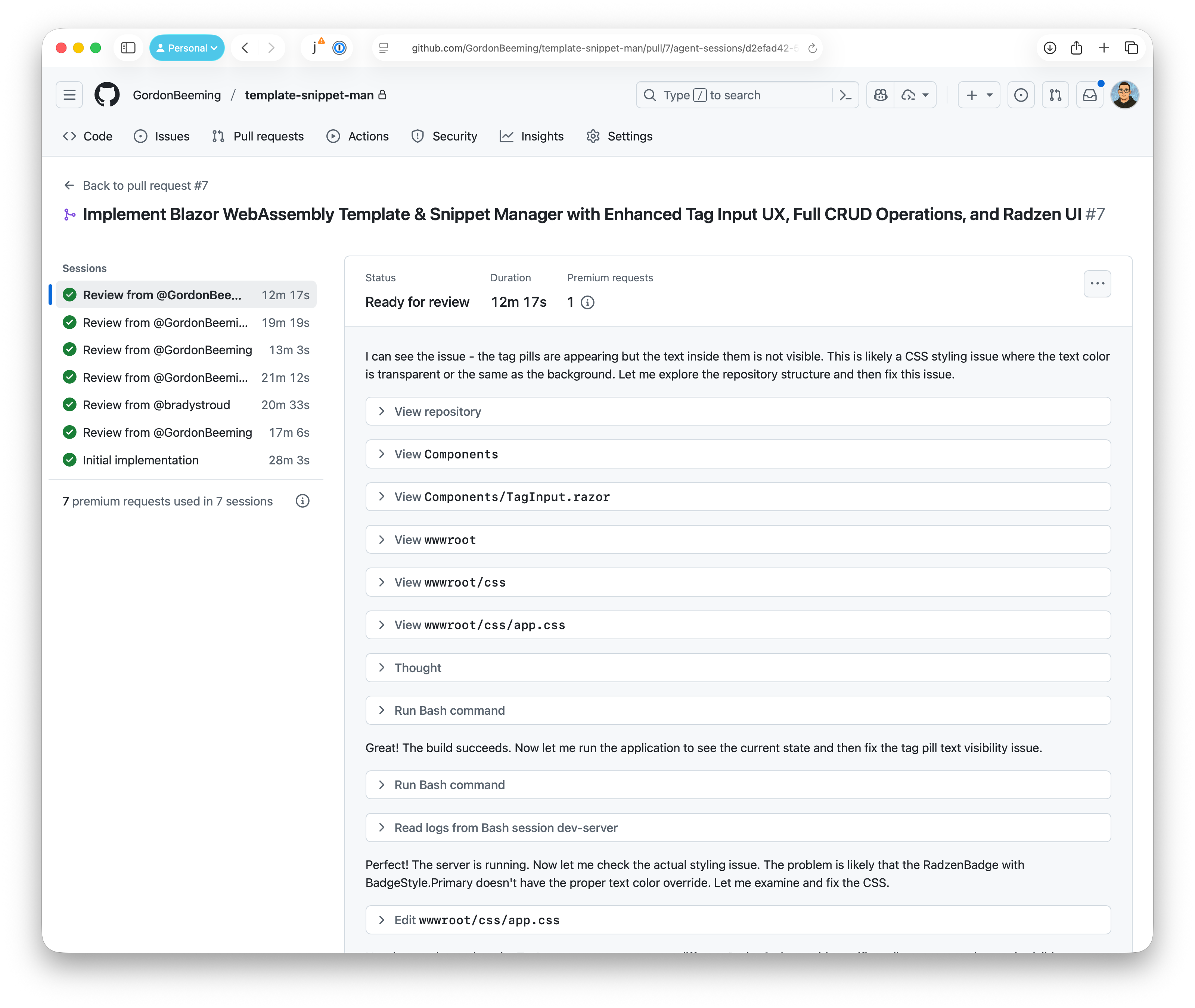A screenshot of the GitHub Pull Request showing multiple review sessions and feedback loops to convert a component to Blazor.
