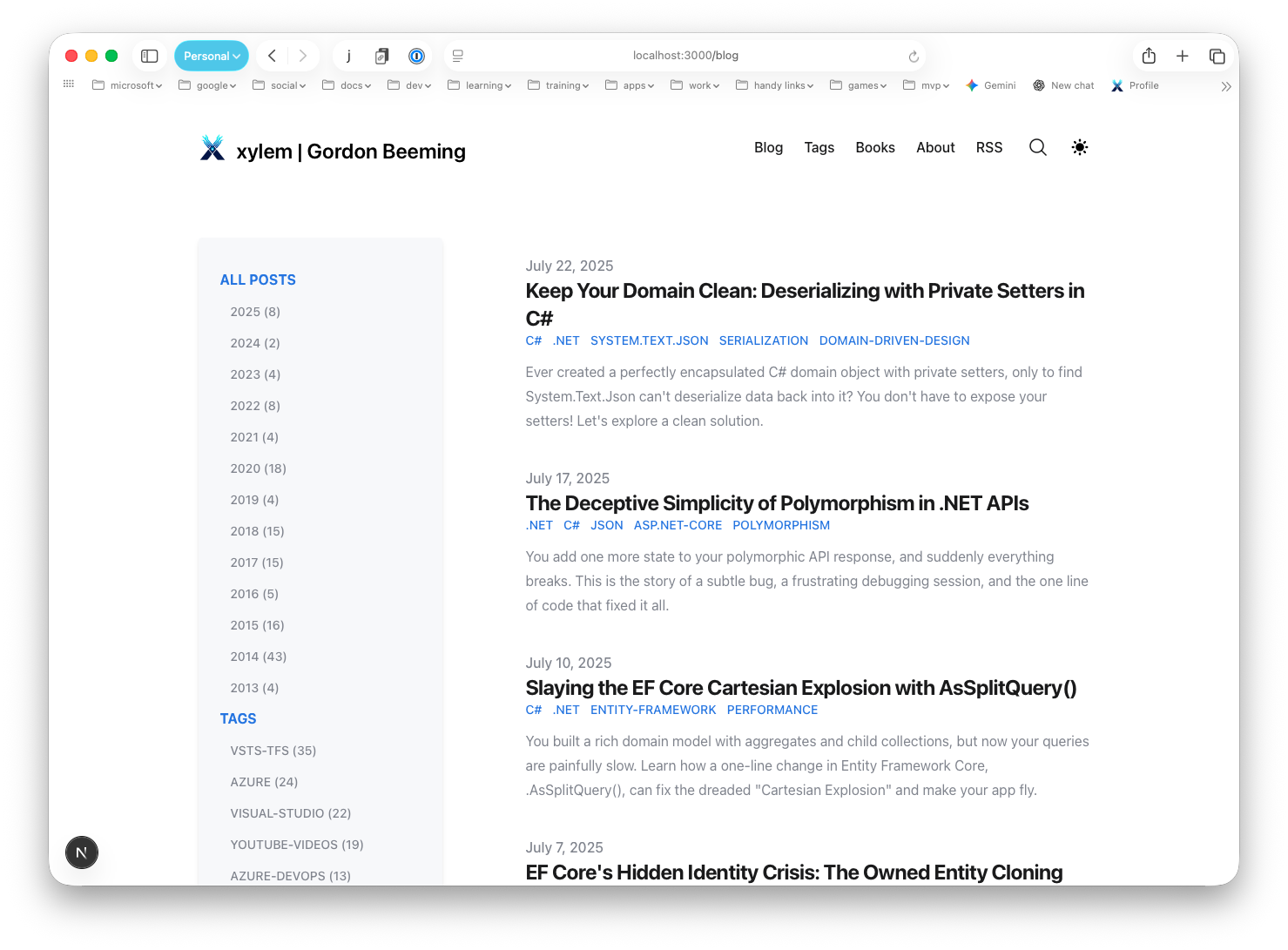The old blog layout showing a simple list of posts with a sidebar on the left and a lot of empty white space.