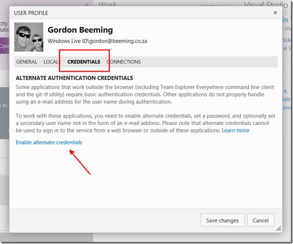 VSTS user profile Credentials tab with Enable alternate credentials button