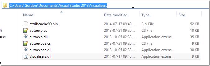 Windows Explorer showing the Visualizers folder for Visual Studio