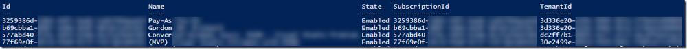 PowerShell output showing list of Azure subscriptions