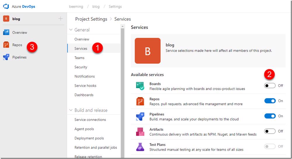 Azure DevOps project settings: Services tab showing available services.