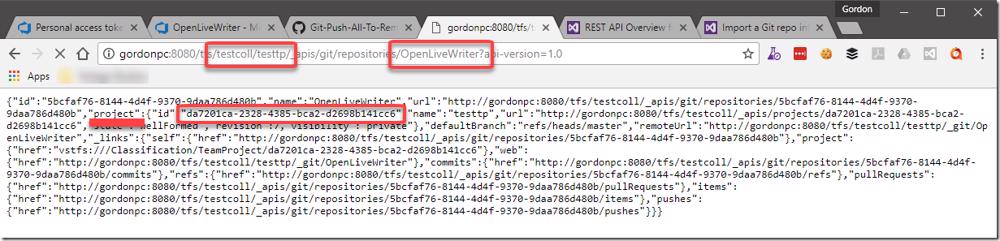 VSTS REST API response showing Team Project ID
