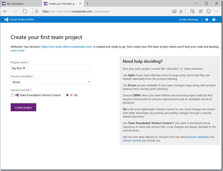 VSTS new team project creation screen