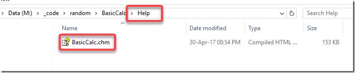 File explorer showing the generated .chm help file in the Help folder