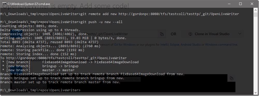Git push all branches to new remote command output