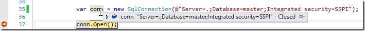 Visual Studio debugger showing customized object display using DebuggerDisplay attribute targeting a type