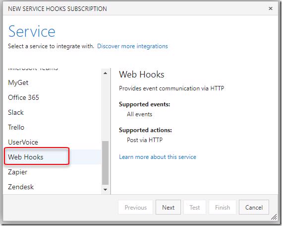Azure DevOps New Service Hook Subscription dialog with Web Hooks selected
