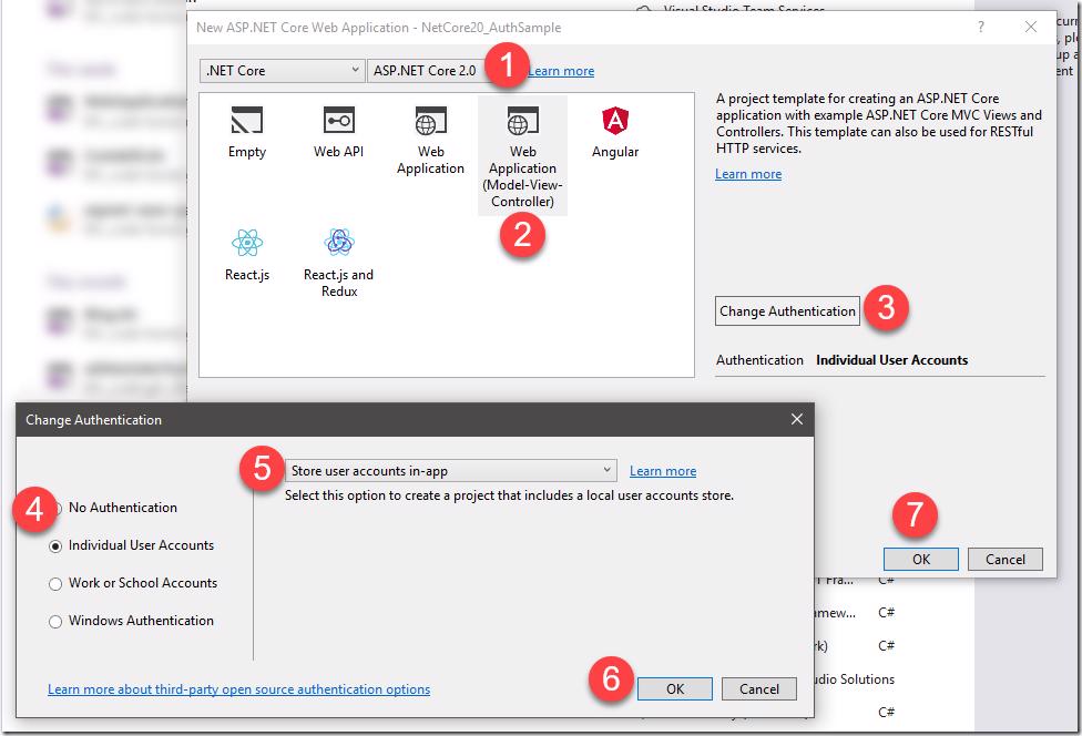 Visual Studio ASP.NET Core Web Application configuration with Individual User Accounts selected