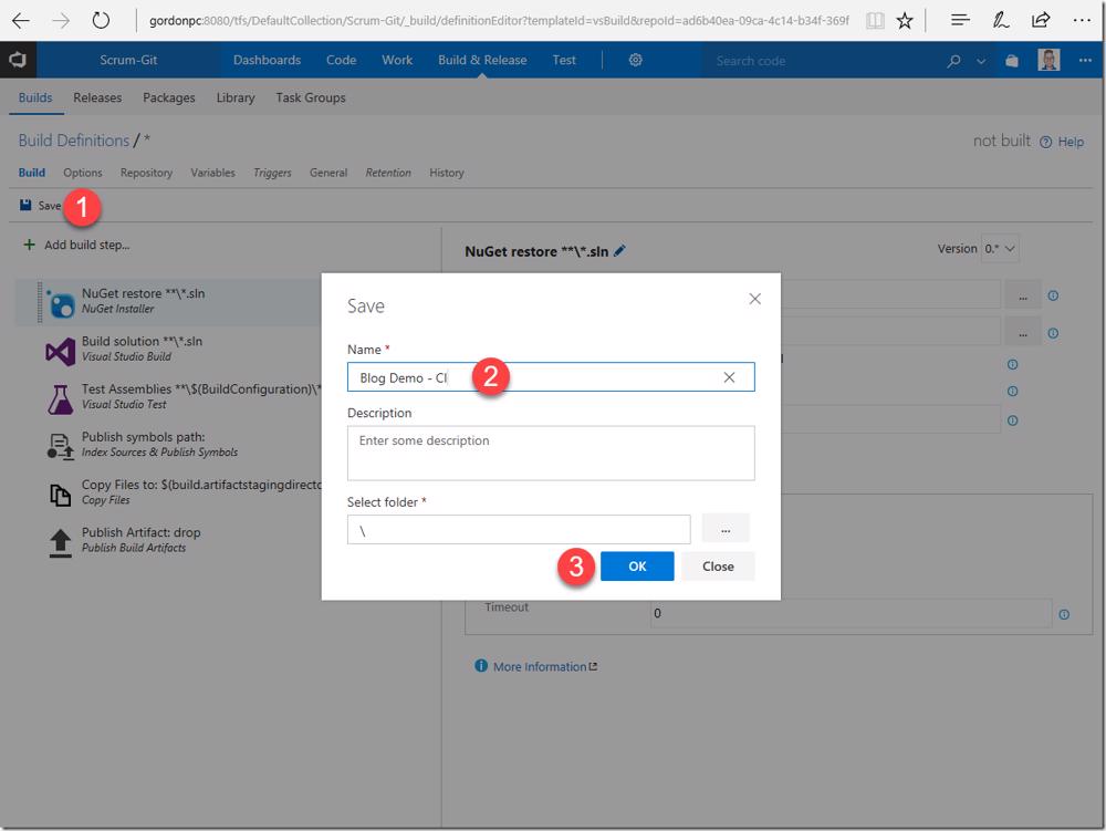 VSTS/TFS: Saving the new build definition with a specified name.