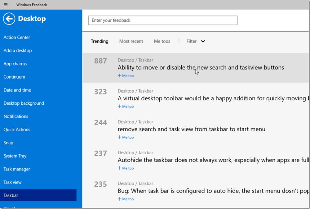 Feedback Hub showing votes to hide Search bar and Task View buttons