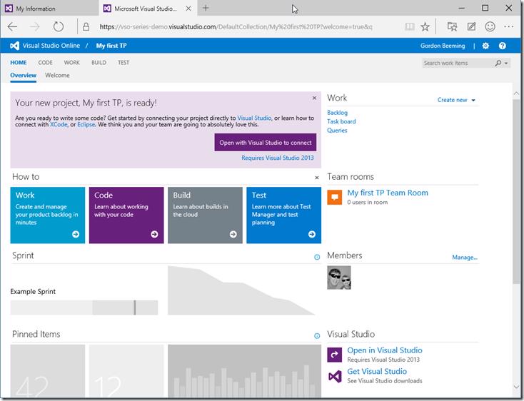 VSTS new team project dashboard