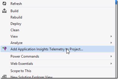 Visual Studio menu to add Application Insights telemetry