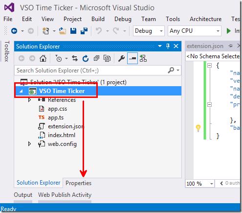Visual Studio Properties window for the VSO Time Ticker project