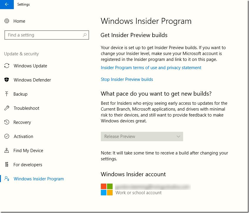 Windows Insider Program settings after registry fix