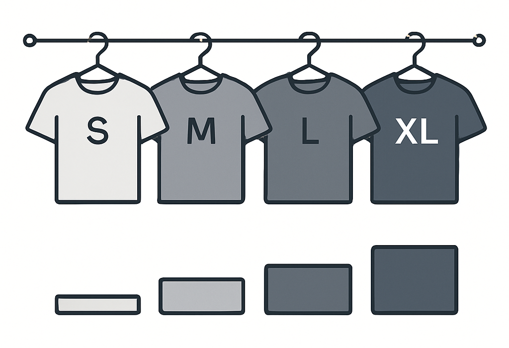 An illustration showing T-shirt sizes (S, M, L, XL) with corresponding rough effort levels. The image conveys scaling effort without exact precision.