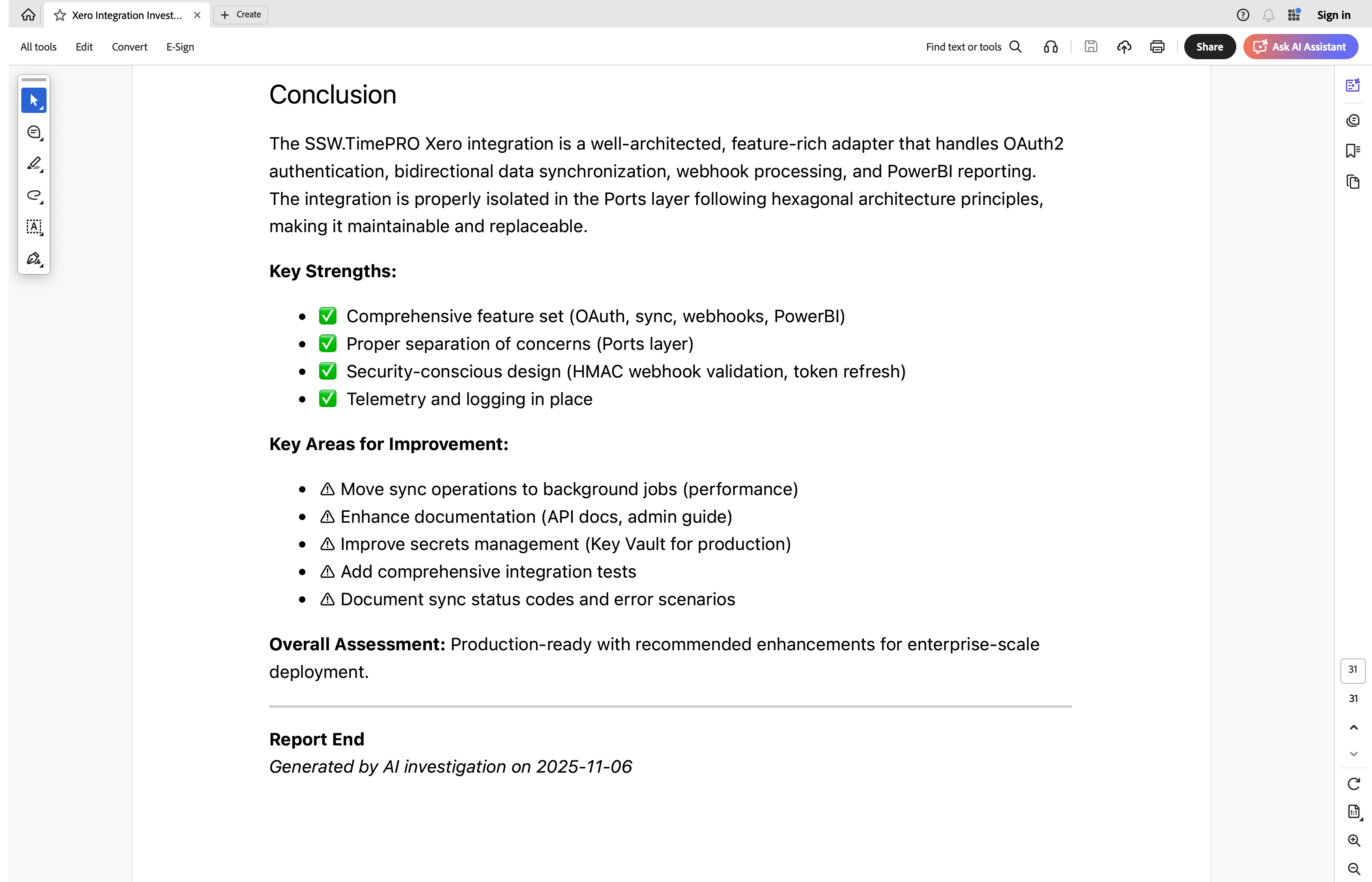 A screenshot of the 31-page markdown report generated by Copilot, showing a tiny scrollbar on the side.