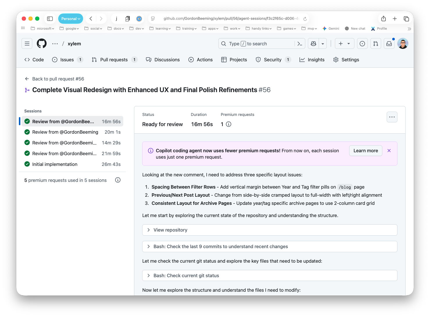 A screenshot of a GitHub Copilot agent session showing the full history, from the 26-minute initial implementation to multiple review-and-refine cycles.
