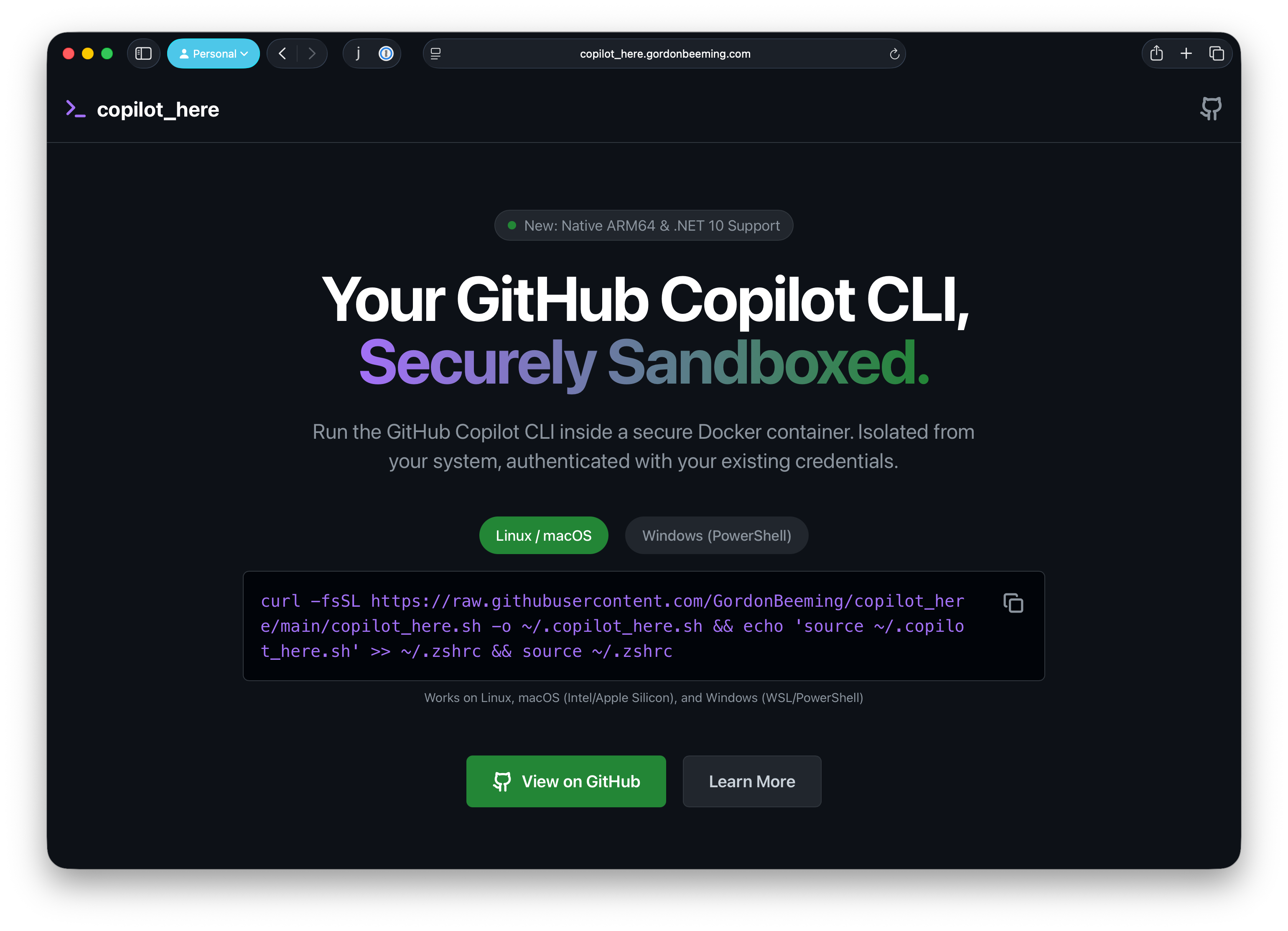 A screenshot of the copilot_here marketing site.