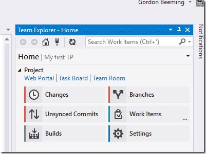 Visual Studio Team Explorer connected to the VSTS project