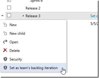 VSTS Iterations page - Set as team's backlog iteration option