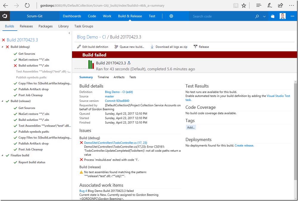 VSTS/TFS build summary: Release build successful, debug build failed.