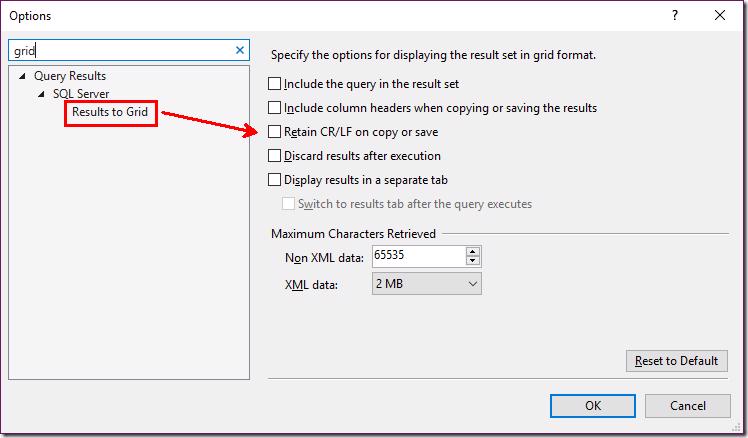 SSMS Options dialog with 'Grid' searched, highlighting 'Results to Grid'