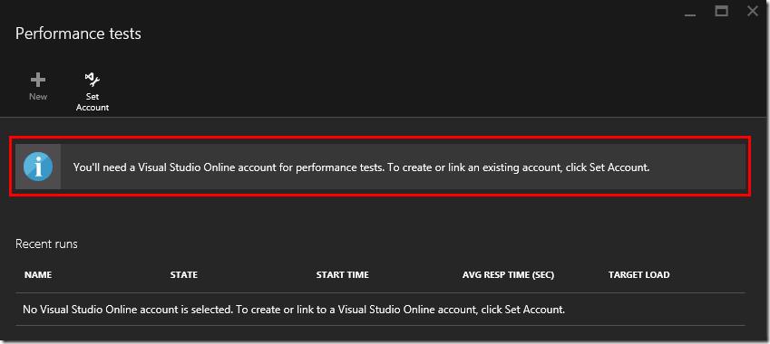 Azure portal Performance tests blade prompting to link a VSO account