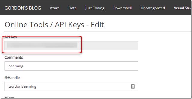 Edit API Key page with API key visible