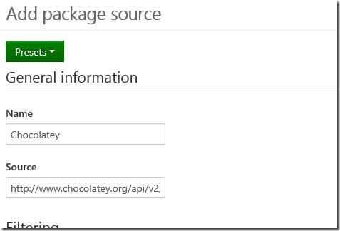 MyGet Add Package Source - Chocolatey preset applied