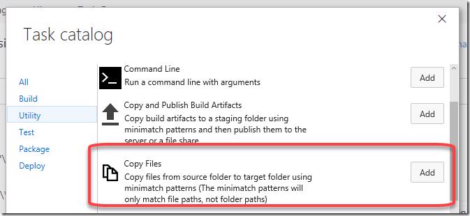 VSTS/TFS build definition showing the addition of a Copy Files task