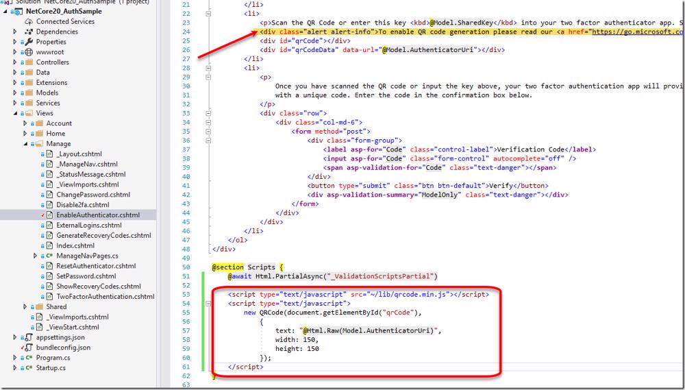 EnableAuthenticator.cshtml showing script to generate QR code