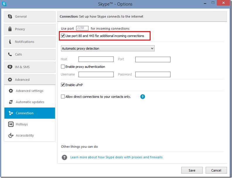 Skype settings showing 'Use port 80 and 443 as alternatives for incoming connections' checkbox