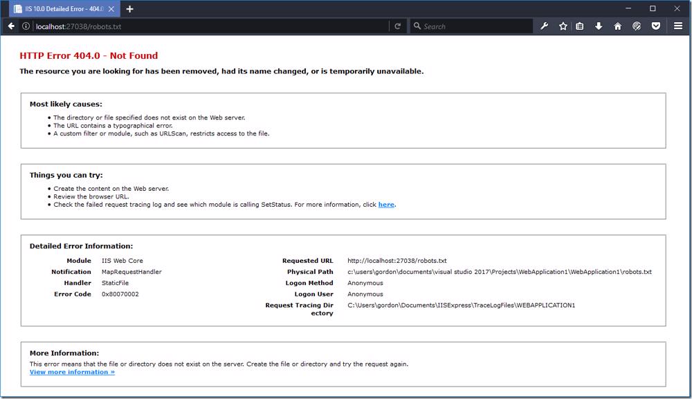 Browser showing 404 error for robots.txt